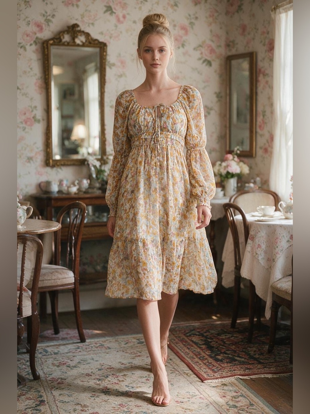 324 • Floral Smocked Juliette Sleeves Midi Dress